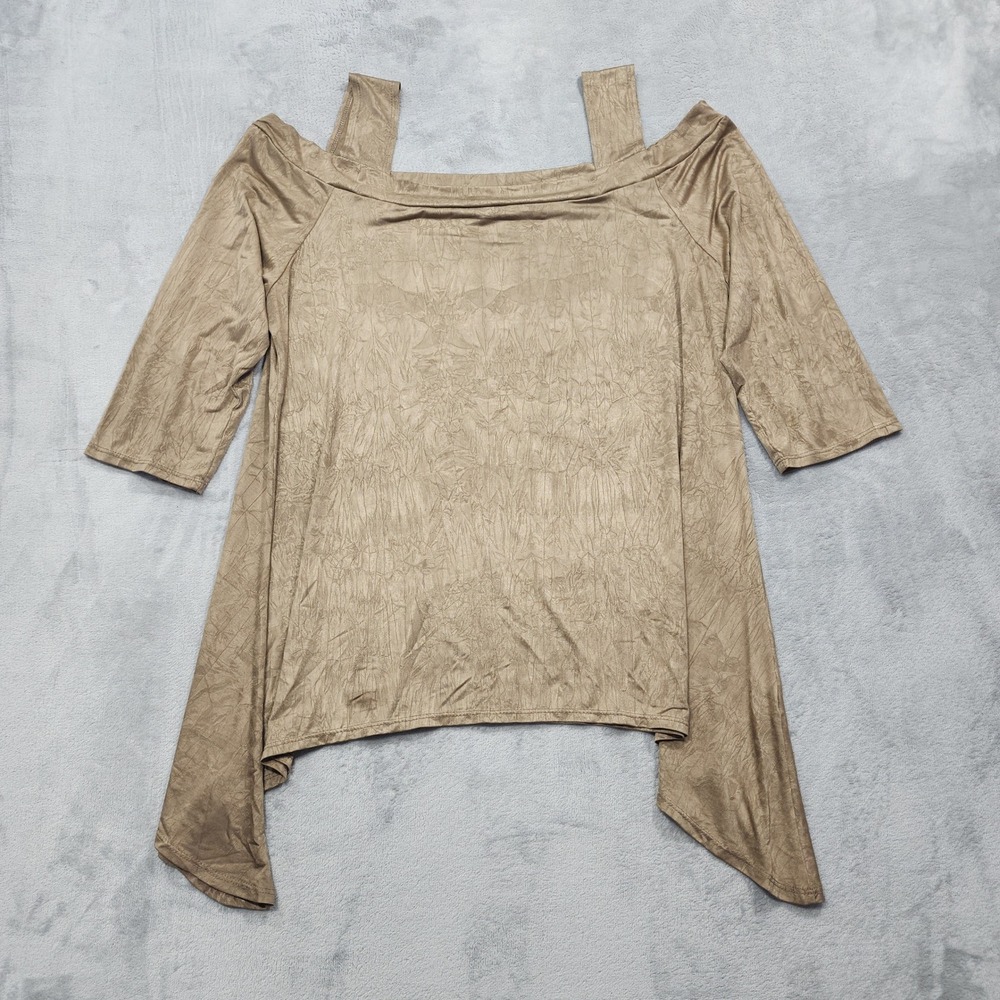 The Pyramid Collection‎ Top Womens 1X Gold Tan Crinkle Stretch Cold Shoulder